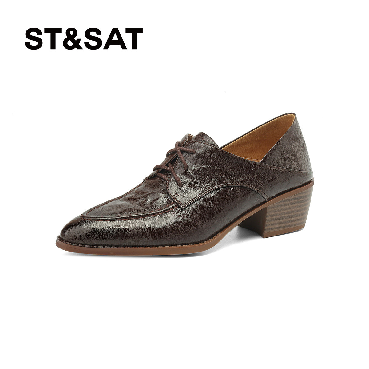 St&Sat/星期六女鞋系带小皮鞋新款乐福鞋尖头中跟简约女深口单鞋,淘宝优惠券,粉丝福利购,淘宝优惠卷