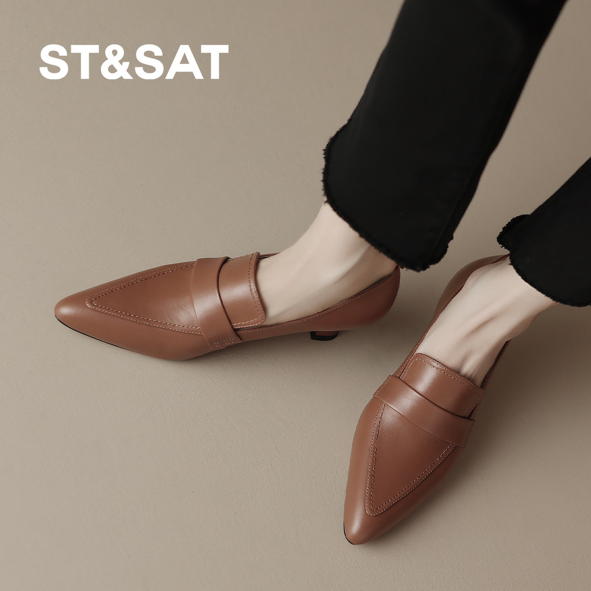 St&Sat/星期六春季新款英伦风尖头细跟女单鞋舒适牛皮深口豆豆鞋,淘宝优惠券,粉丝福利购,淘宝优惠卷