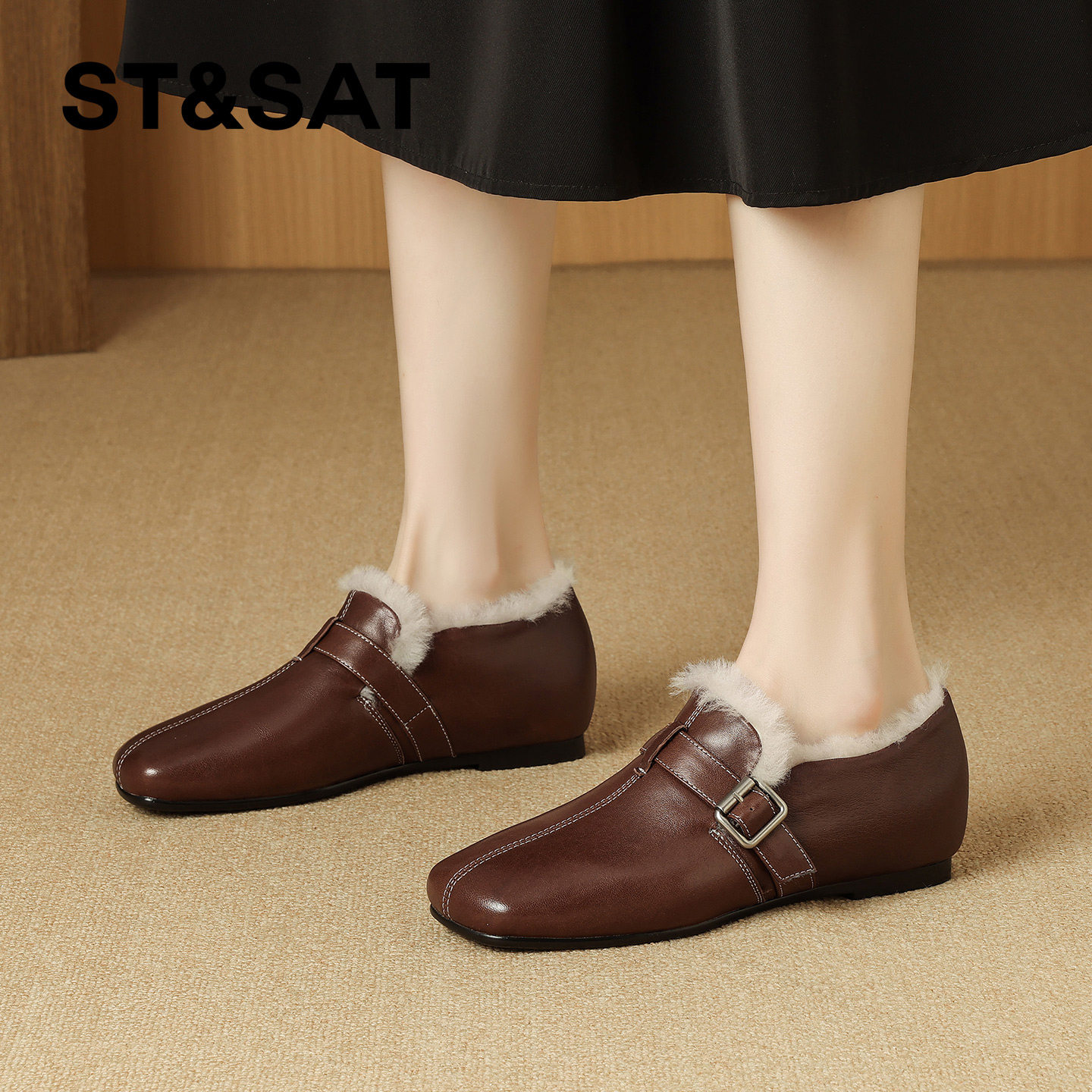 星期六加绒羊毛深口单鞋女2025年冬季新款方头平底保暖小皮鞋棉鞋,淘宝优惠券,粉丝福利购,淘宝优惠卷