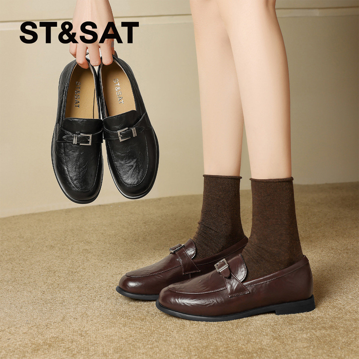 星期六粗中跟深口单鞋女2025年冬季新款系带乐福鞋简约复古通勤鞋,淘宝优惠券,粉丝福利购,淘宝优惠卷