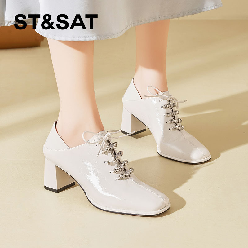 星期六系带粗跟深口单鞋女2025春季新款小个子高跟真皮轻便小皮鞋,淘宝优惠券,粉丝福利购,淘宝优惠卷