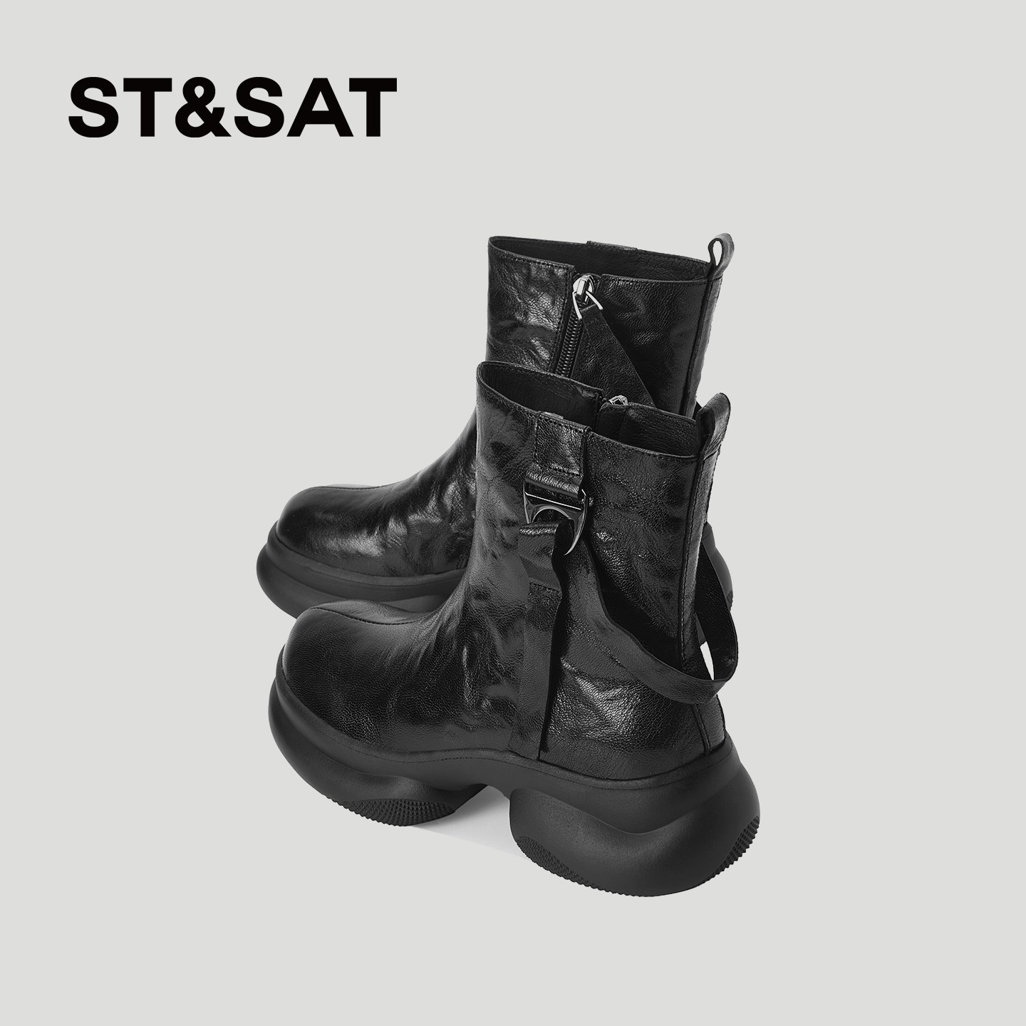 星期六明星同款真皮靴子皮带扣机车靴女厚底短靴气质黑色切尔西靴,淘宝优惠券,粉丝福利购,淘宝优惠卷