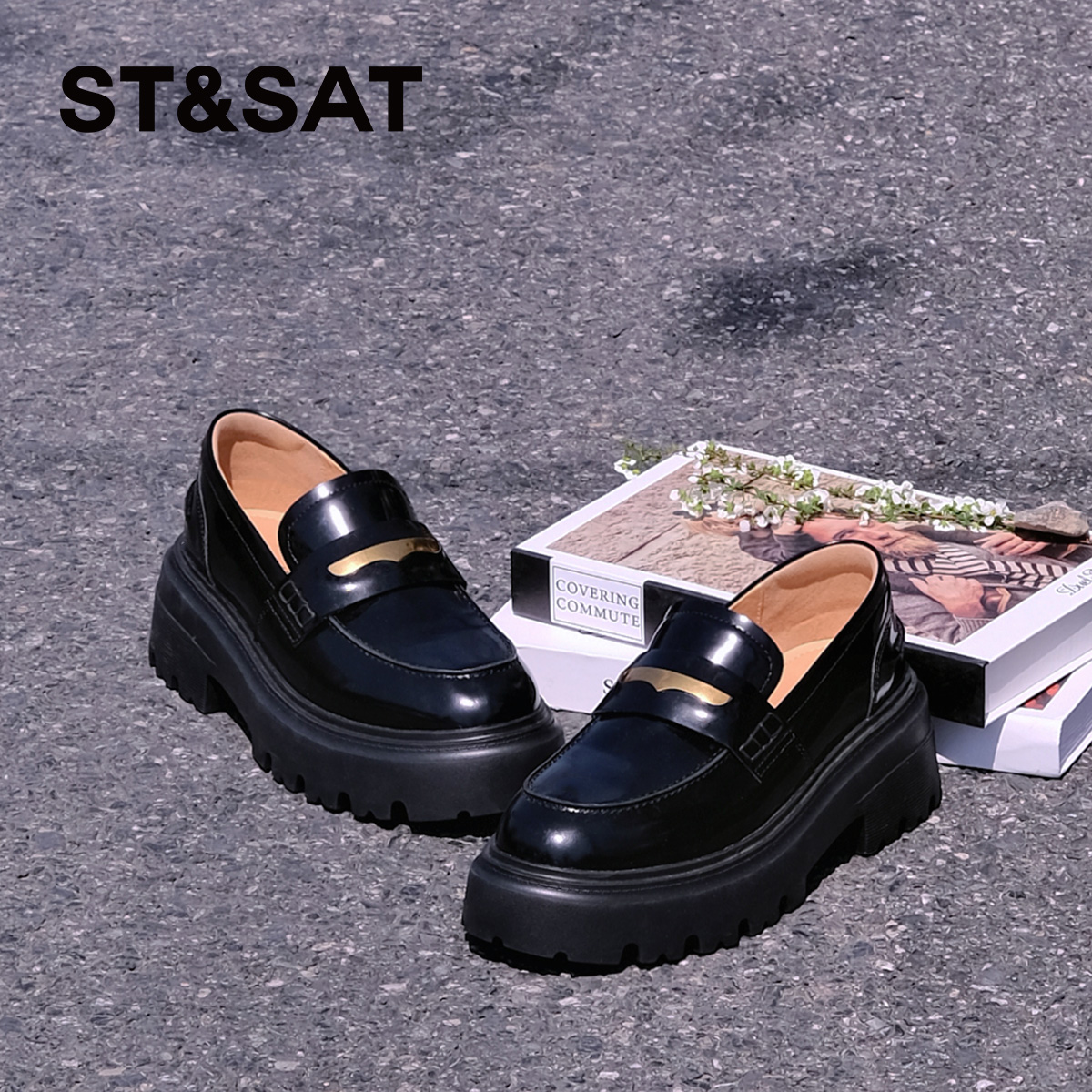 星期六厚底乐福鞋女秋冬柔软牛皮革鞋垫皮鞋单鞋粗跟一脚蹬懒人鞋 - 图1