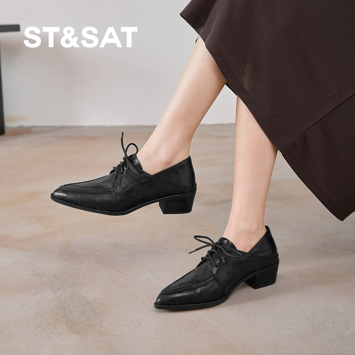 星期六2026春季新款粗跟深口单鞋百搭通勤女鞋黑色系带真皮工作鞋,淘宝优惠券,粉丝福利购,淘宝优惠卷