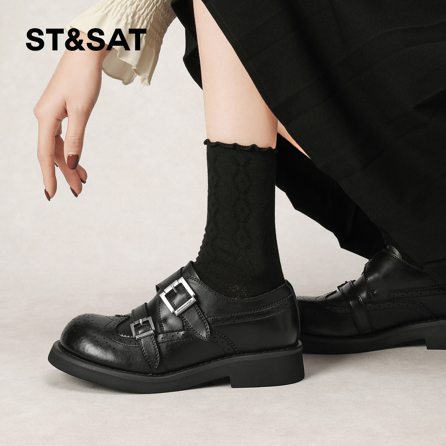 星期六英伦风布洛克小皮鞋女2026年春季新款皮带扣复古粗跟乐福鞋,淘宝优惠券,粉丝福利购,淘宝优惠卷