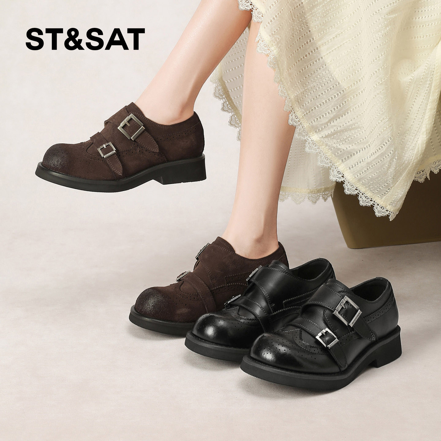 星期六英伦风布洛克小皮鞋女2026年春季新款皮带扣复古粗跟乐福鞋,淘宝优惠券,粉丝福利购,淘宝优惠卷