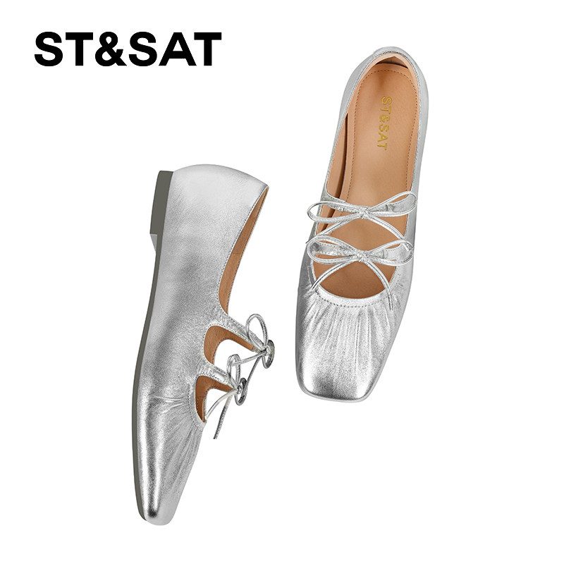 星期六休闲风褶皱蝴蝶结奶奶鞋女2025年春季新款方头平底玛丽珍鞋,淘宝优惠券,粉丝福利购,淘宝优惠卷