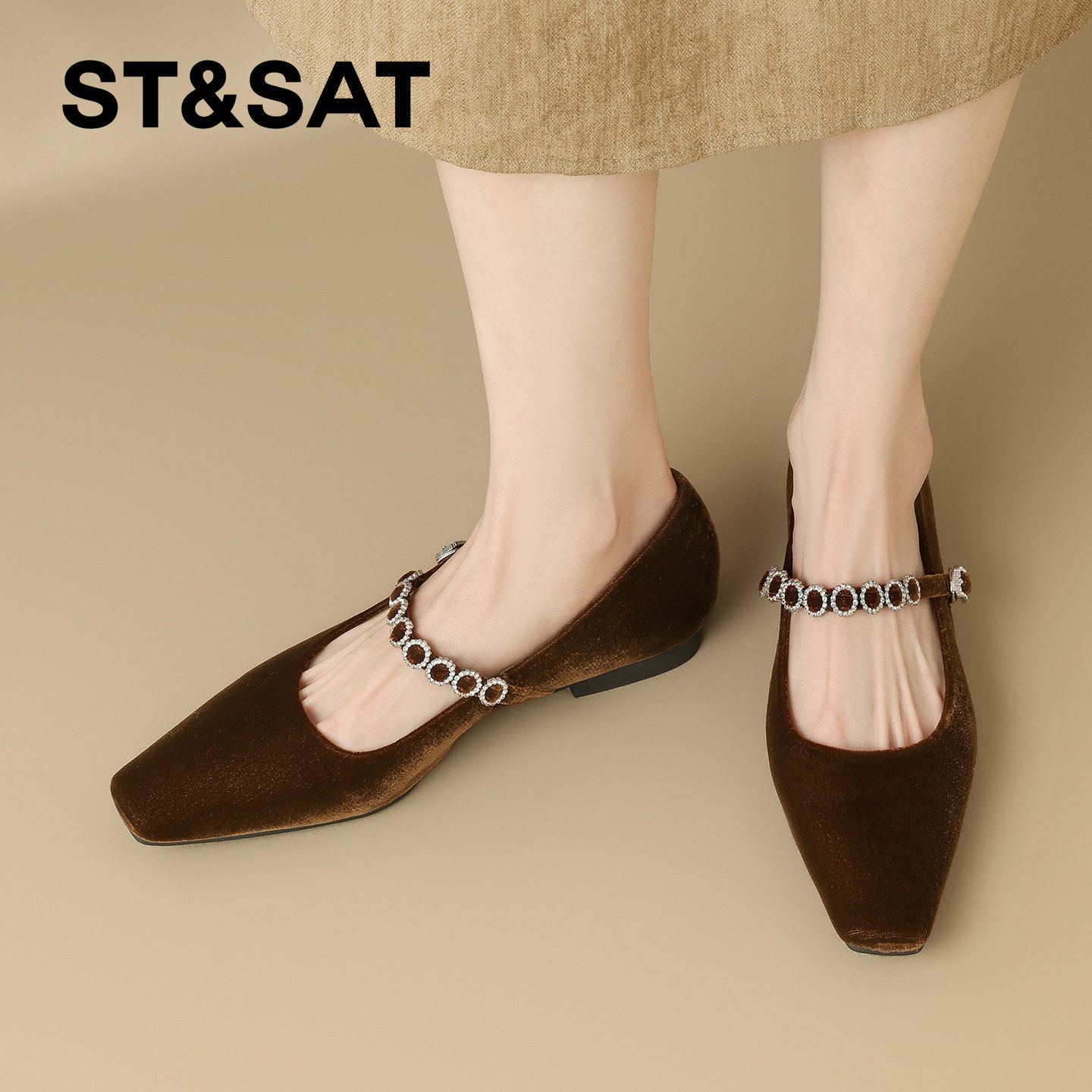 星期六赫本风丝绒玛丽珍鞋女春季新款闪钻一字扣方头平底单鞋,淘宝优惠券,粉丝福利购,淘宝优惠卷