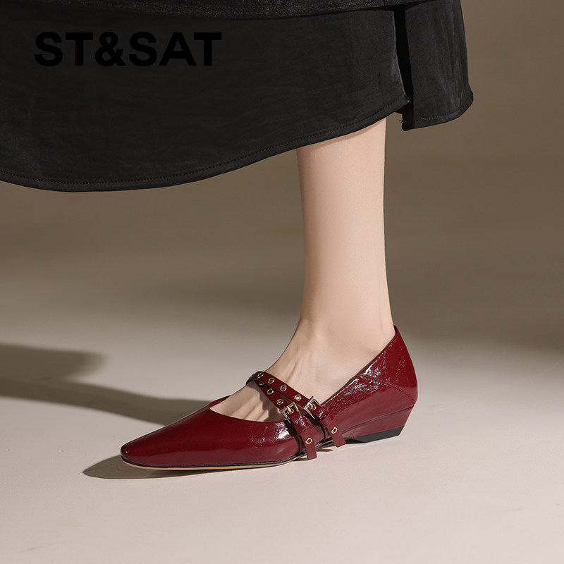 星期六红色单鞋女2025新款法式尖头平底玛丽珍鞋真皮通勤气质女鞋