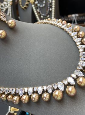 欧美奢华饰品棕色珍珠水滴锆石耳环项链套装高档晚宴新娘结婚