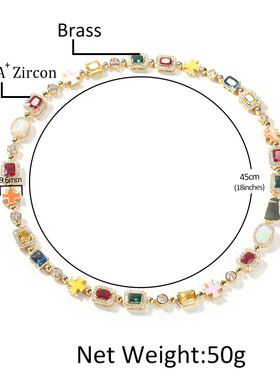 欧美嘻哈新款个性设计镶钻项链夏季ins风感澳宝五彩宝石项链