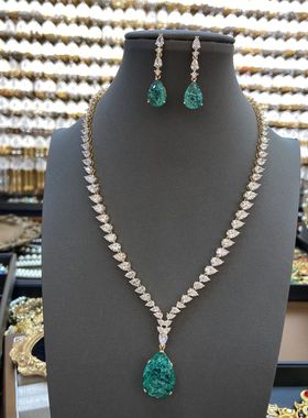 项链女彩宝新娘锆石项链耳环感首饰套装绿宝石水滴吊坠饰品批