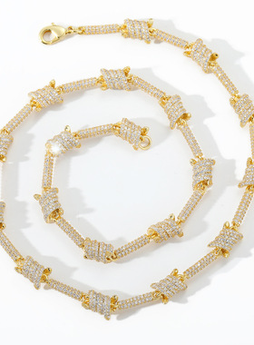 INS欧美铁丝链子个性古巴链正反面满锆石珠宝项链男女款嘻哈饰品