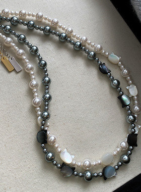 倪妮同款施家真多麻灰色珍珠项链女轻奢白黑猫咪气质颈链高端