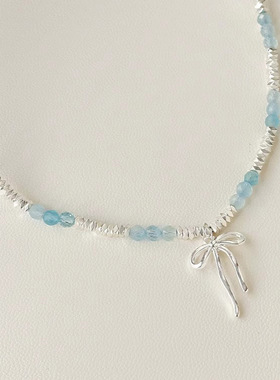 s925纯银蓝色串珠蝴蝶结碎银项链女 芭蕾ins天然海蓝宝锁骨链