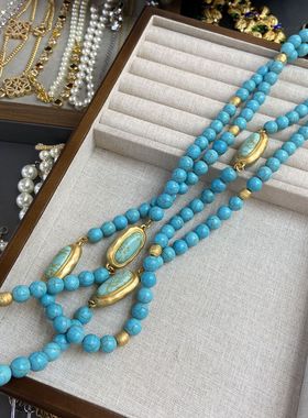 24秋季新款长款串珠绿松石项链毛衣链椭圆天然石吊坠密串百搭