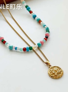2025新款彩色天然石项链多巴胺串珠项链女款夏日小众设计锁骨链