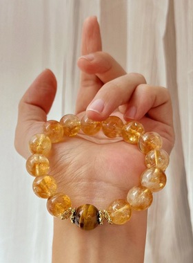 12MM大颗粒新中式复古天然黄水晶虎眼石手链氛围感串珠手串美