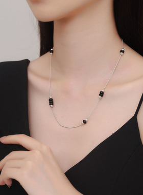 中国风银饰925纯银串珠短项链小众设计锁骨链气质拼接蛇骨链