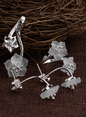 镜星辰 S925银戒指吊坠素银工艺镶嵌合成水晶紫荆花卉清新戒指