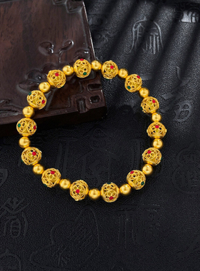 足金999纯黄金新中式古法花丝珐琅手串镂空绣球转运珠手串