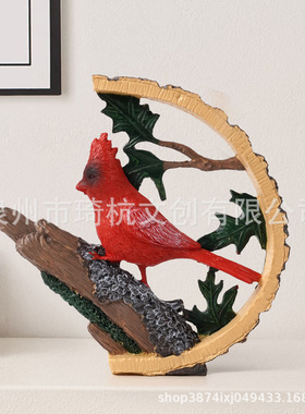 现货新品Cardinal Carving Handmade 红衣主教树脂小鸟踩树枝摆件