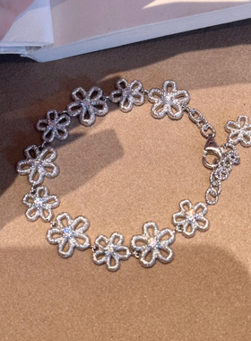 S925银镀金手工刺绣质感花朵叶子拼接手链花园蕾丝手链套装