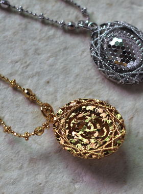 S925银镀金轻珠宝CNC工艺精致鸟巢格纹碎碎冰蛋形项链吊坠仙女链