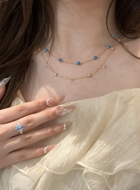 S925银镀金优化蓝松石隔珠满天星双层缠绕意大利橄榄珠巨显白项链