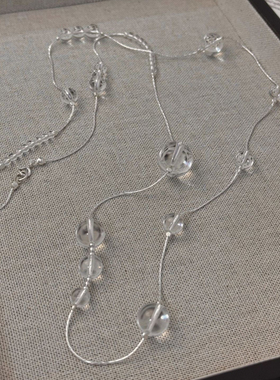 S925银天然白水晶满天星串珠渐变法式清新泡泡竹节长项链