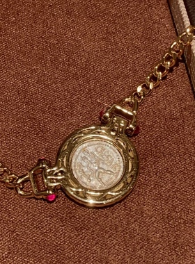 S925银镀24k金水泽仙女哑银复古古币古巴项链锁骨链