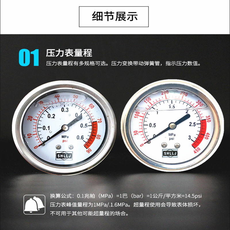 不锈钢防震家用纯水机压力表2分外牙净水器 0.6/1/1.6/2.5/pa耐震