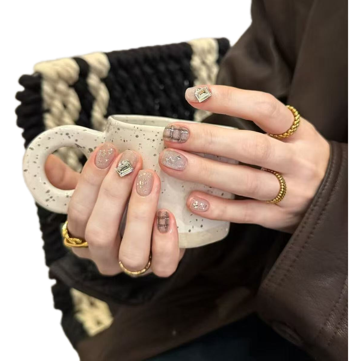 半手工星星美甲穿戴气质短款格纹显白指甲猫眼ins贴片高级,淘宝优惠券,粉丝福利购,淘宝优惠卷