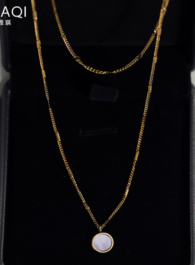 钛钢镀18K金女气质母贝双层项链