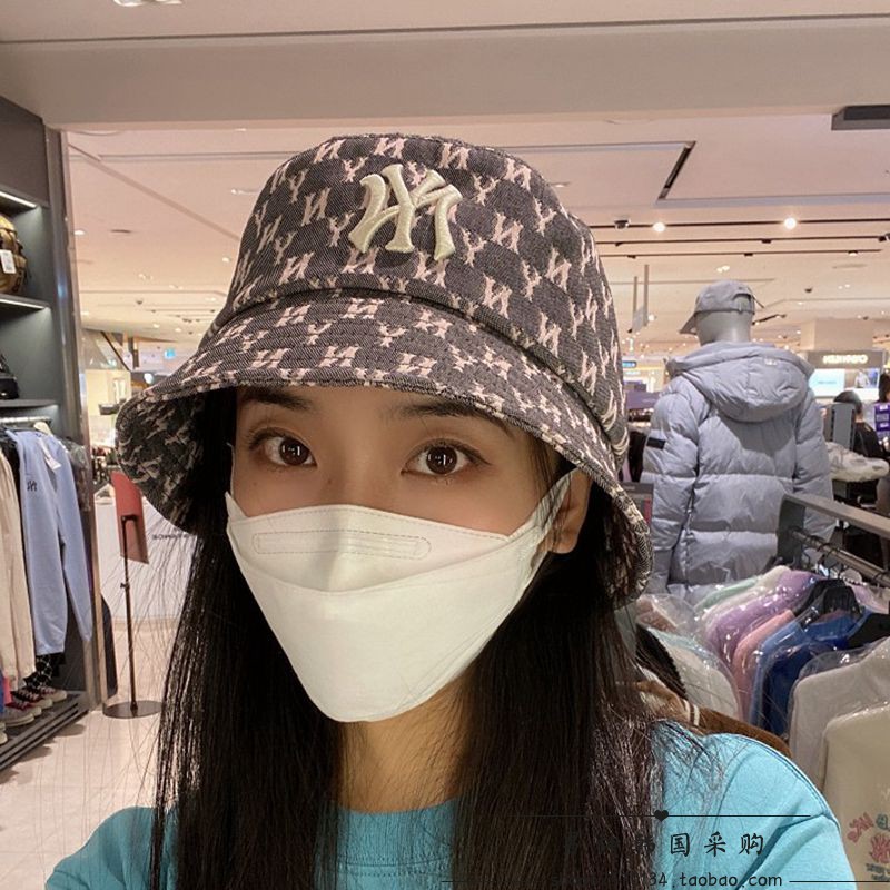 Ny韩国帽子老花牛仔盆帽洋基队刺绣男女潮牌渔夫帽防晒遮阳帽字母