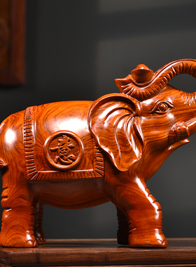 速发实木雕大象摆礼一对木质玄关客厅办公室送业礼品乔迁开件工艺