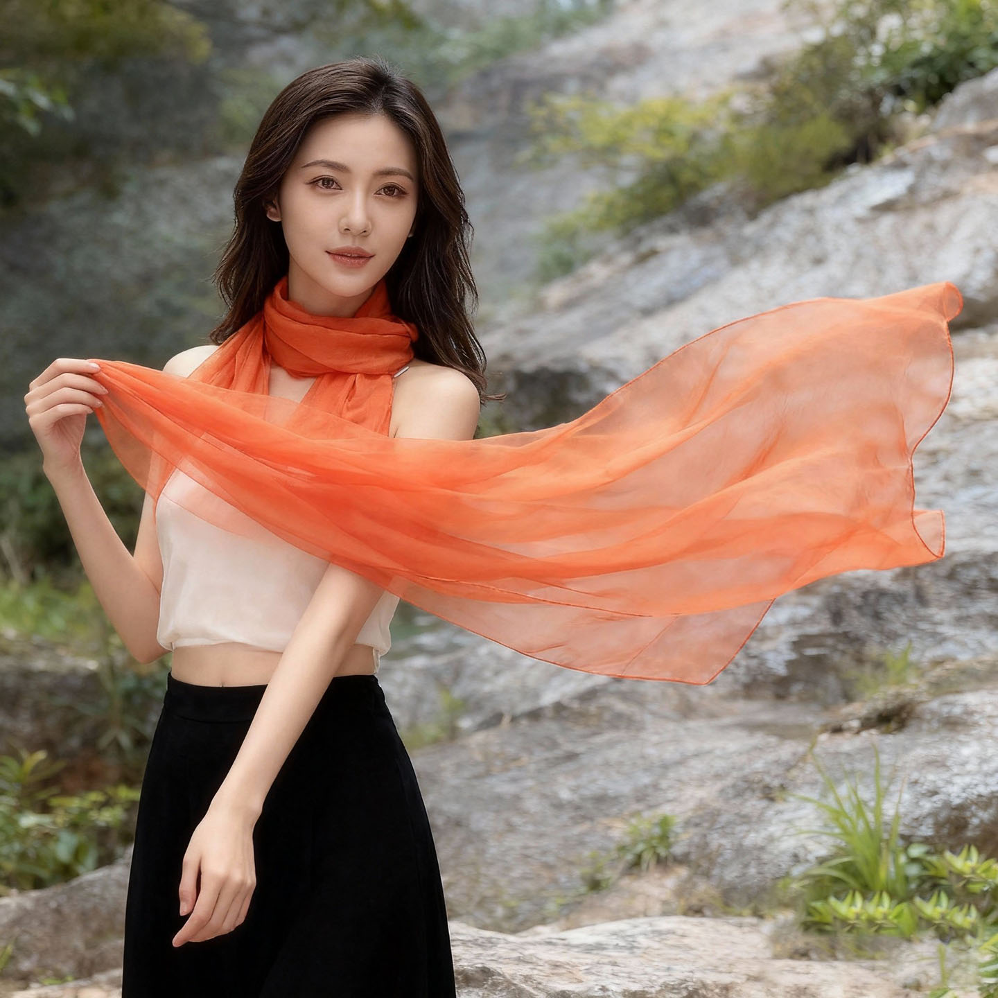 2025新款长款橘色丝巾女百搭时尚桔色纱巾薄款沙滩围巾女披肩春秋 - 图2