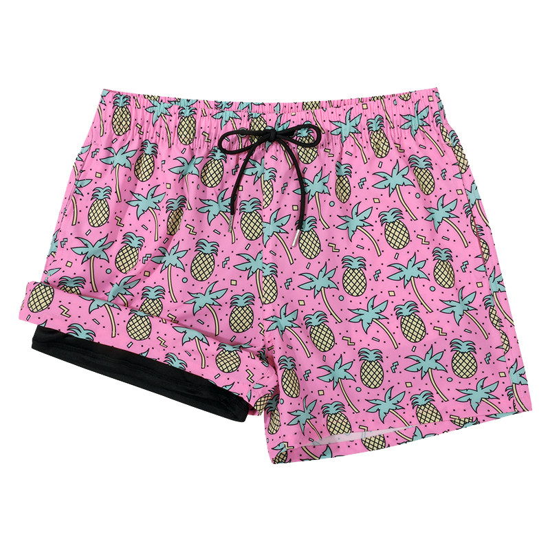 粉色菠萝印花短裤男沙滩裤速干可下水双层防尴尬海边度假温泉泳裤,淘宝优惠券,粉丝福利购,淘宝优惠卷