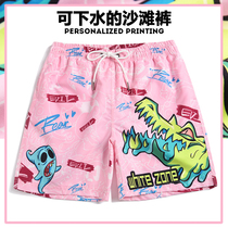 National Tide Mens Speed Dry Beach Pants Pink Crocodile Printed Shorts Casual Big Code 40% Pants Boomer Easy Beach Swimming Trunks