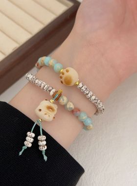 2024新款寿山石双圈手链女新中式星月菩提可爱炭烤菩提根手串礼物