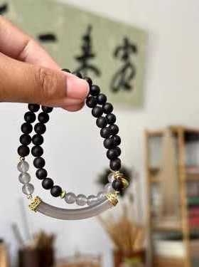 天然灰玛瑙半镯手串女新中式檀木铃铛莲蓬手串国潮文玩佛珠礼物