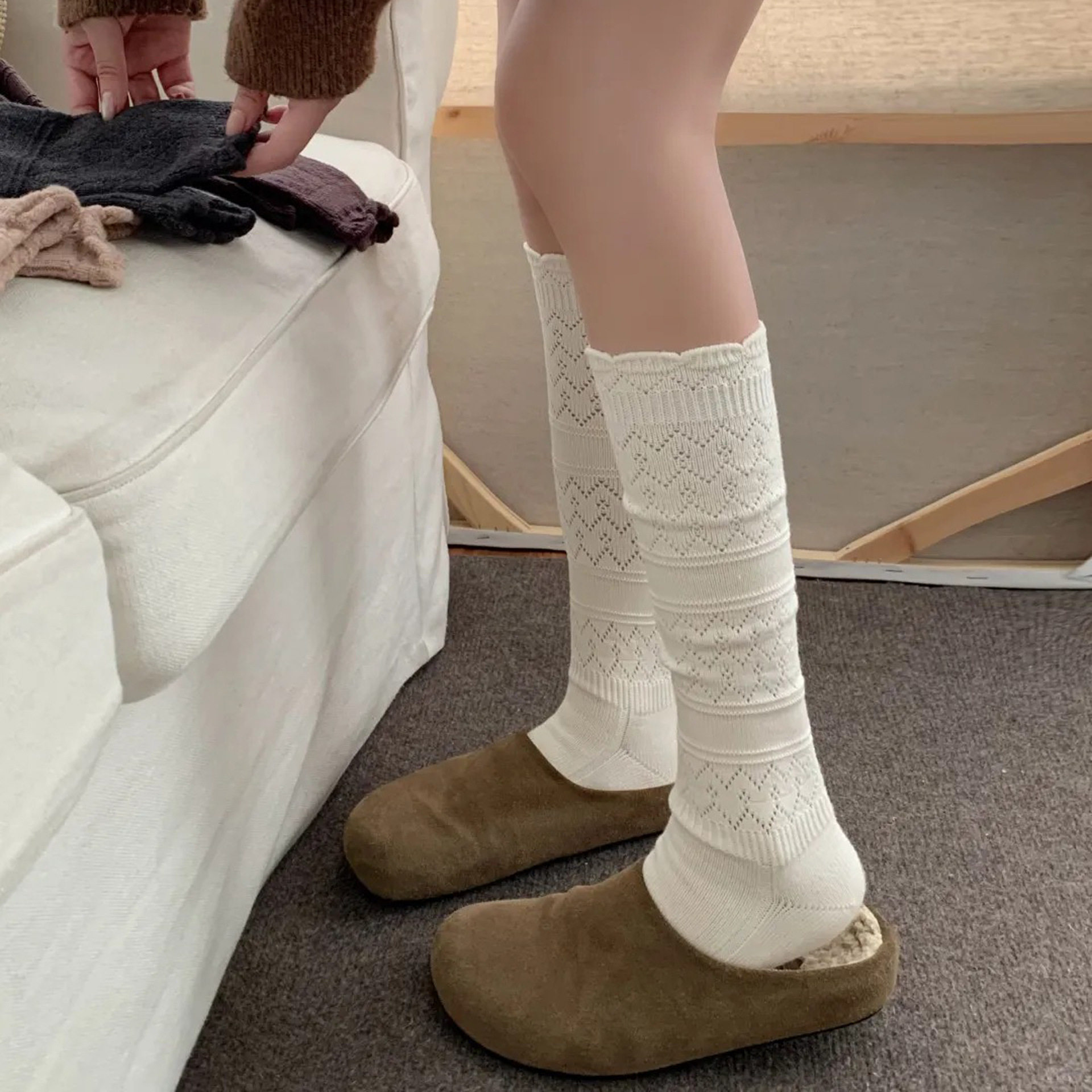 白色镂空针织小腿袜女春秋薄款韦雪同款网红显瘦配长靴长筒堆堆袜,淘宝优惠券,粉丝福利购,淘宝优惠卷