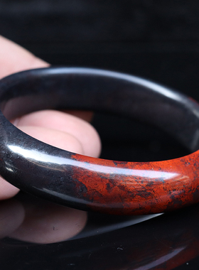 天然玉石桂林鸡血玉石手镯乾坤料黑底红58*15*8mm 53g有微瑕