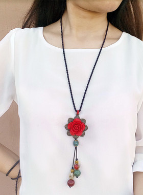 红色花朵民族风长项链