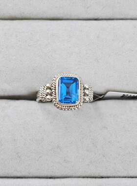 气质蓝托帕石戒指花朵925纯银镶嵌复古做旧小众设计款女