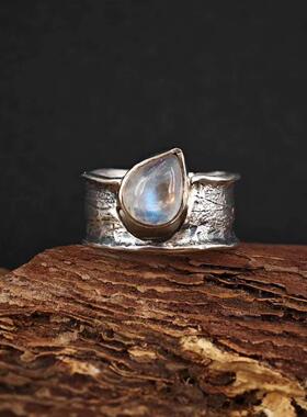 天然月光石拉长石高级小众925纯银镶嵌复古做旧个性戒指小众设计