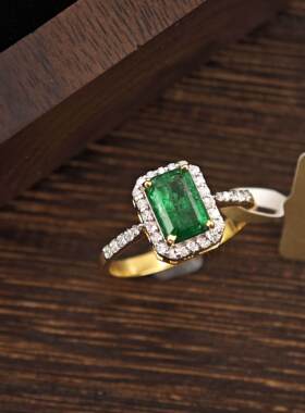 高级18复古K气质金镶嵌祖母绿钻石戒指高级奢华气质设计感女