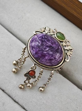 s925纯银镶嵌高级气质紫龙晶可调节流苏戒指女复古民族风