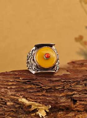 S925纯银镶嵌蜜蜡戒指女小众复古做旧民族风个性指环老蜜蜡