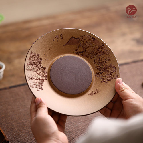 宏中 紫砂壶承干泡台手工刻绘托盘茶道具零配件精品干泡茶盘壶垫 - 图0